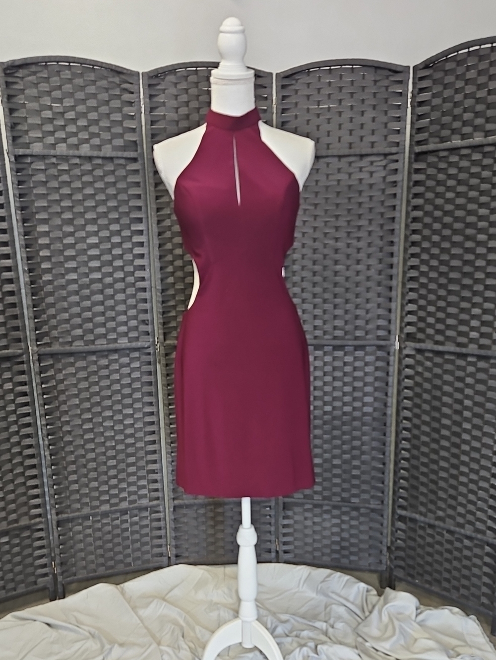 Size 10 sangria/maroon halter high neckline fitted sheath dress by Faviana